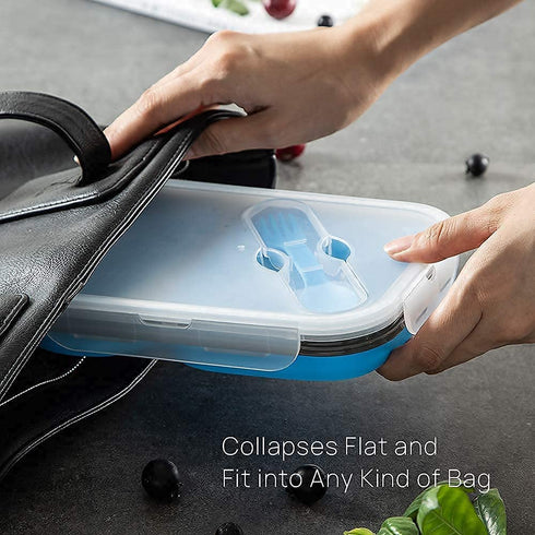 MAXCOOK Collapsible Lunch Container Stacking Silicone Lunch Box with Spoon & Fork, 1500ml/3-Compartment Portable Bento Storage Containers for Food, Microwave, Freezer, Dishwasher Safe, BPA Free Blue
