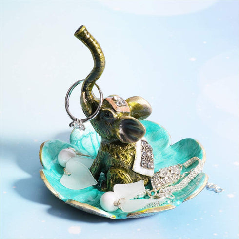 Waltz&F Raise Nose Elephant on Petal Metal Ring Jewelry Holder Trinket Box Figurine Collectible Table Centerpiece Decor