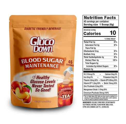 GLUCODOWN, Maintain Healthy Blood Sugar, Delicious Peach Tea Mix, Diabetic Friendly, 45 Servings, 1 Resealable Package.