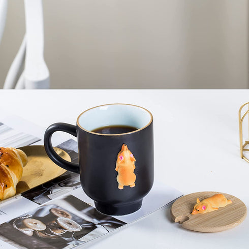 Matte Black Corgi Mug with Original Bamboo Lid,Handcrafted Corgi Gifts for Corgi Lovers Cute Coffee Mug Tea Cup Perfect Novelty Gifts Mug(14oz)(Black, Corgi)