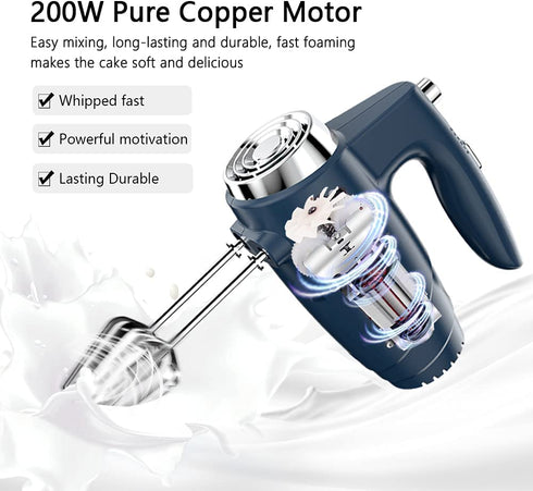 5-Speed 200W Electric Hand Mixer,with Eject Button,4 Stainless Steel Attachments(Beaters and Dough Hooks),for Whipping Cake, Cream,Dough,Cookies,Blue