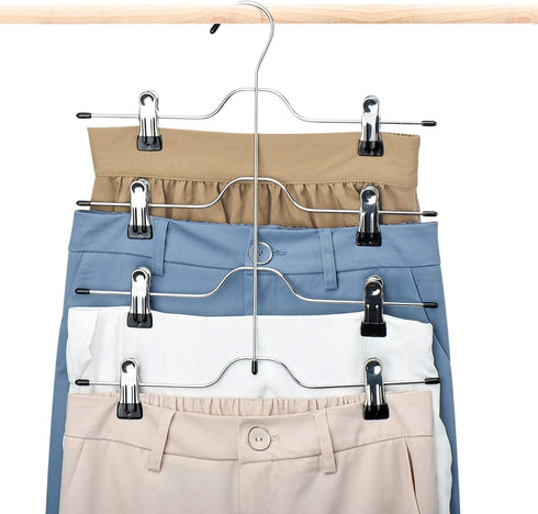 HOUSE DAY Skirt Hangers 4 Tier Shorts Hangers with Clips,6 Pack Space Saving Pants Hangers,Multi Slack Skirt Hanger Metal Trouser Clip Hangers for Slack,Trouser,Jeans,Towels