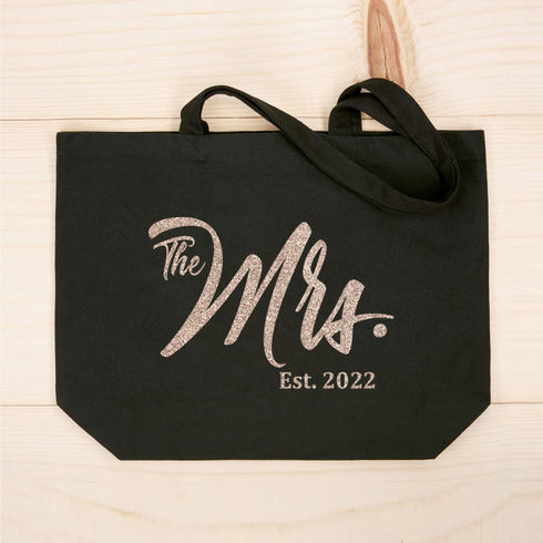ElegantPark Future The Mrs. EST. 2022 Personalized Bride Tote Wedding Bachelorette Bridal Shower Gifts Large Shoulder Bag Black with Champagne Glitter