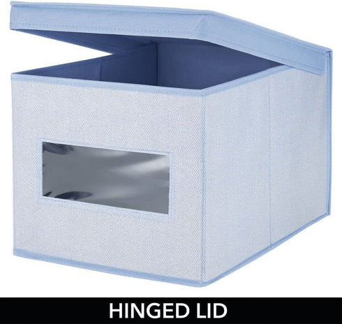 mDesign Soft Fabric Stackable Closet Storage Organizer Holder Box Bin with Clear Window, Attached Hinged Lid - Bedroom, Hallway, Entryway, Closet, Bathroom - Textured Print, 4 Pack - Blue Herringbone