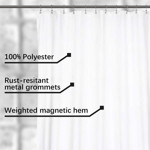 Fabric Shower Curtain Liner 96 x 78 inch XL Size, Hotel Quality, Washable, Water Repellent, White Bathroom Curtains with Grommets, 96x78