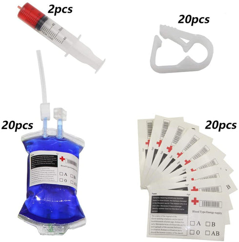 Halloween Blood IV Bags for Energy Drinks Container,Juice Pouch Prop Cups For Zombie Theme Party supplies decorations,Reusable Drink Pouch Dispenser Bags for party Costume Props (20pcs Bag, 20 Label, 2 Syringes)
