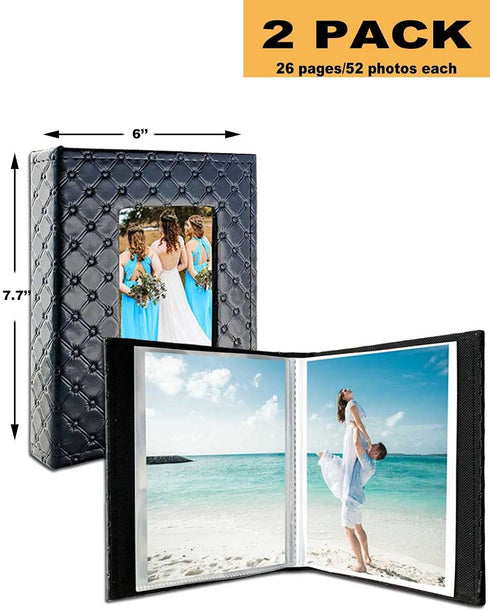 5x7 Photo Album Small 2Pack - Each 26 Clear Pockets Display 52 Pictures. Front Window Leather Cover, Small Photo Album for 5x7 Photos, Drawings or Artwork Storage, Black