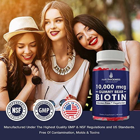 Biotin 10000 mcg Gummies by Hair Thickness Maximizer | Vegetarian, Gluten Free. 10000mcg Natural Gummy Bear Hair Vitamin for Men and Women. Great for Hair Growth, Combats Hair Loss and Thinning Hair