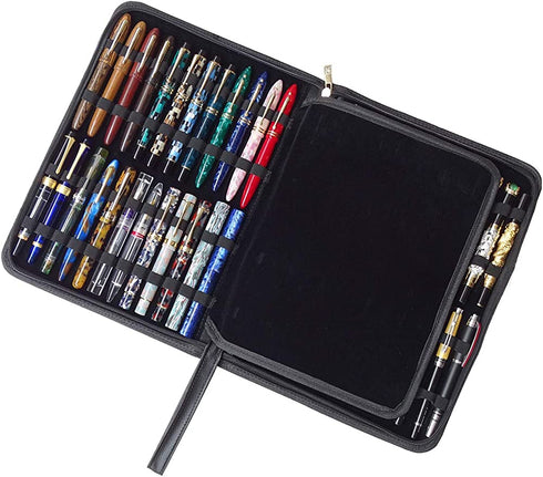 48 Fountain Pen Case PU Leather, Rollerball Pen Display Holder Bag, Pouch Large Capacity for your Collection - Black