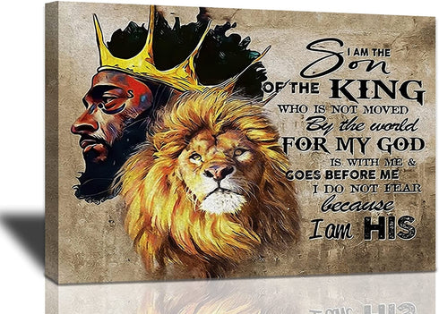 African American Wall Art Lion and King Canvas Wall Decor Black Man Poster Motivational and Inspirational Quotes Home Decor Afro Black King Framed Artwork for Bedroom King Wall Decor for Men 16"x12"