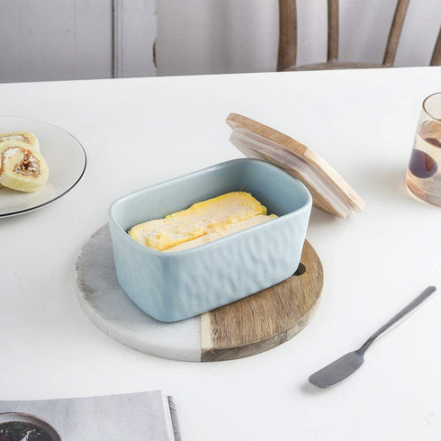 KOOV Porcelain Large Butter Dish with Lid for Countertop, Airtight Butter Container with Oak Lid, Butter Crock, Perfect for 2 Sticks of Butter, Texture Series (Sky)