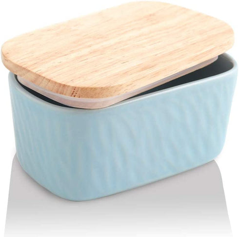 KOOV Porcelain Large Butter Dish with Lid for Countertop, Airtight Butter Container with Oak Lid, Butter Crock, Perfect for 2 Sticks of Butter, Texture Series (Sky)