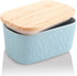 KOOV Porcelain Large Butter Dish with Lid for Countertop, Airtight Butter Container with Oak Lid, Butter Crock, Perfect for 2 Sticks of Butter, Texture Series (Sky)