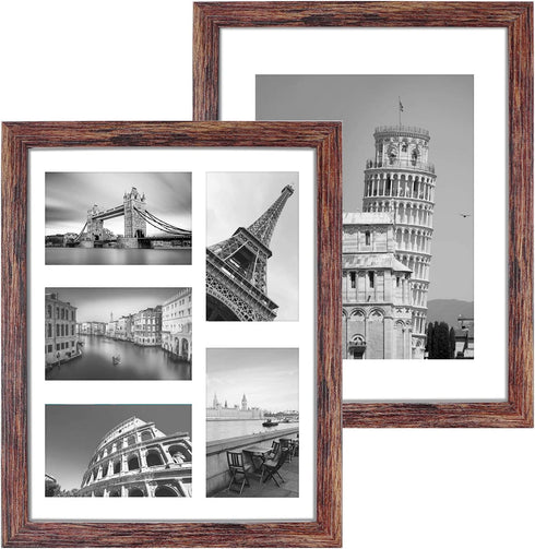 Q.Hou 11x14 Picture Frames Wood Patten Rustic Brown Set of 2, Each Frame with 2 Mats,Display 8x10 or Five 4x6 Photos with Mat & 11x14 Picture Without Mat for Wall Mount (QH-PF11X14-BR)