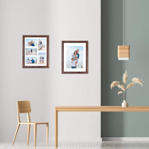 Q.Hou 11x14 Picture Frames Wood Patten Rustic Brown Set of 2, Each Frame with 2 Mats,Display 8x10 or Five 4x6 Photos with Mat & 11x14 Picture Without Mat for Wall Mount (QH-PF11X14-BR)
