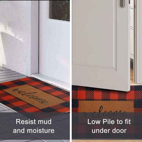 Carvapet Buffalo Plaid Rug Outdoor Indoor Entry Way Front Door Mat 18" x 30" with Non Slip Rubber Backing, Black&Red Welcome