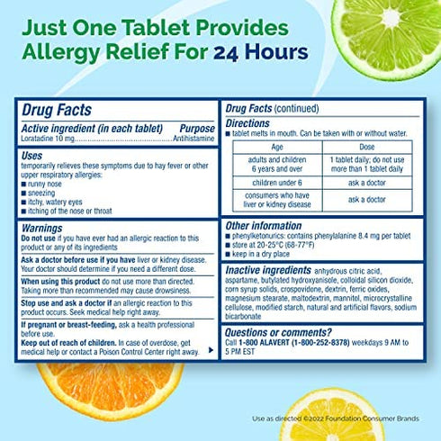 Alavert Allergy 24 Hour Relief, Citrus Burst Flavor, Orally Disintegrating Allergy Tablets, Non-drowsy Antihistamine, Loratadine 10mg, 18 Count