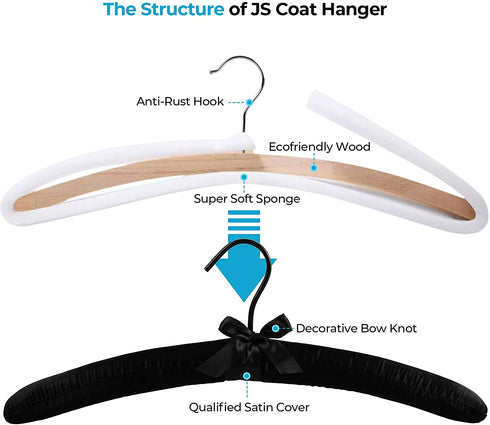 JS HANGER Padded Hanger for Sweaters - 17 Inch Extra Large Heavy Duty Satin Covered Coat Hangers No Shoulder Bump for Women Clothes, Sweaters, Dresses, Clothing, Weddings, Lingerie Pack of 10 , Black