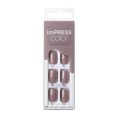 KISS imPRESS Color Press-On Nails, Gel Nail Kit, PureFit Technology, Short Length, “Taupe Prize”, Polish-Free Solid Color Manicure, Includes Prep Pad, Mini Nail File, Cuticle Stick, and 30 Fake Nails
