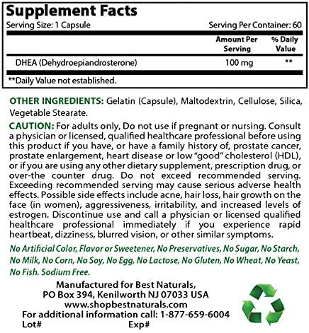 Best Naturals DHEA 100mg Supplement 60 Capsules - Supports Balanced Hormone Levels for Men & Women - Promotes Healthy Aging - USA Manufactured