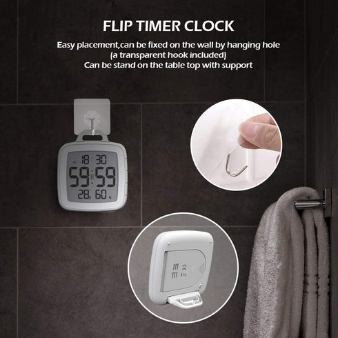 Number-one Shower Clock Digital Bathroom Countdown Clock Battery Operated Kitchen Wall Timer Clock, Waterproof for Water Spray, Large LCD Screen, Temperature Humidity Display for Shower Cooking, White
