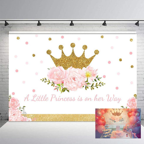 MEHOFOTO Little Princess Baby Shower Photo Studio Booth Background Pink Floral Shimmer Gold Crown Polka Dots Royal Celebration Photography Backdrops Banner for Cake Table Supplies 7x5ft