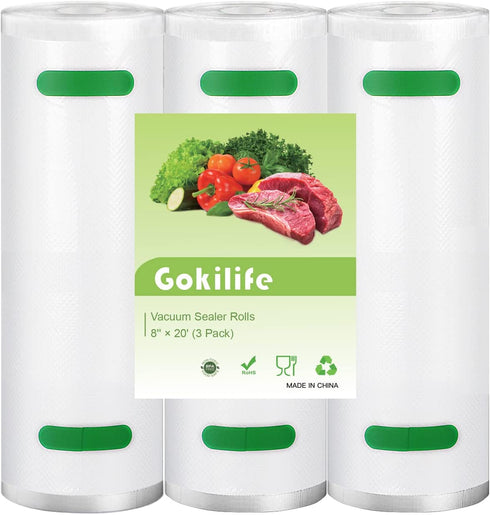 Gokilife Vacuum Sealer Bags Rolls - 8" x 20' 3 Pack-Compatible with Food Saver Seal a Meal , Heavy Duty BPA Free Commercial Fresh Bag, Cut to Size for Vac Storage, Meal Prep or Sous Vide