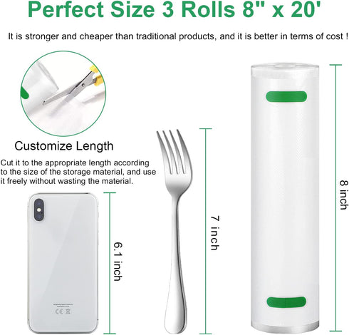Gokilife Vacuum Sealer Bags Rolls - 8" x 20' 3 Pack-Compatible with Food Saver Seal a Meal , Heavy Duty BPA Free Commercial Fresh Bag, Cut to Size for Vac Storage, Meal Prep or Sous Vide