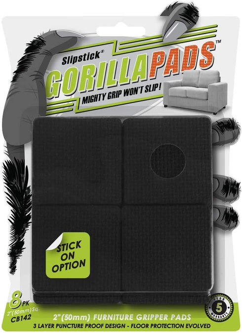 Slipstick GorillaPads CB142 Non-Slip Furniture Pads/Grippers (Set of 8) Furniture Leg Floor Protectors, 2 Inch Square, Black