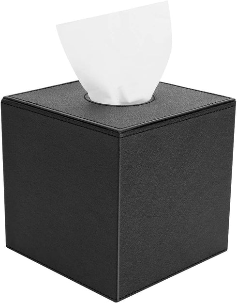 Luxspire PU Leather Tissue Box Cover, Roll Tissue Holder, Modern Square Paper Facial Tissue Holder Case Dispenser Napkin Organizer for Bathroom Counter Tops Bedroom Car, Tissue Box Covers - Black