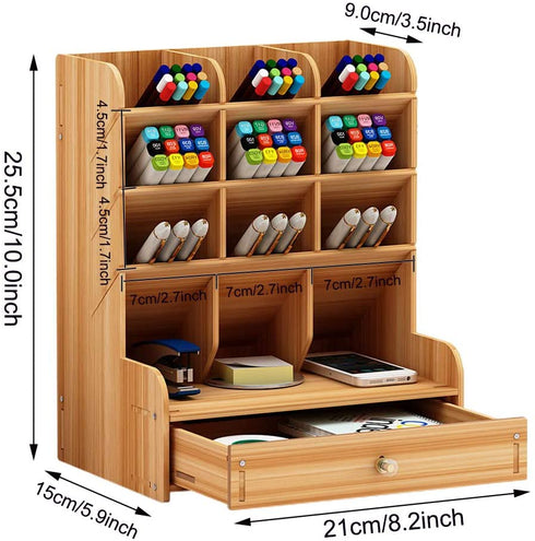 Marbrasse Wooden Pen Organizer, Multi-Functional DIY Pen Holder Box, Desktop Stationary, Easy Assembly, Home Office Art Supplies Organizer Storage with Drawer (B11-Cherry Color)