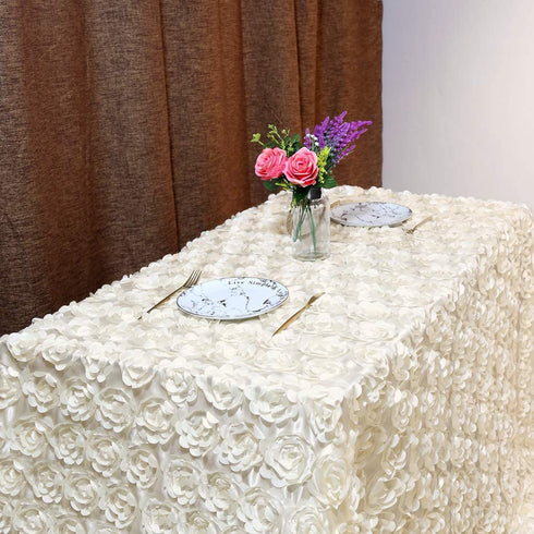 Rosette Tablecloth 50x102 Inches Satin Raised Rosettes Ivory Rectangle 3D Floral Tablecloth for Baby Shower Wedding Party Event Decoration