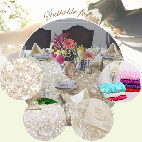 Rosette Tablecloth 50x102 Inches Satin Raised Rosettes Ivory Rectangle 3D Floral Tablecloth for Baby Shower Wedding Party Event Decoration
