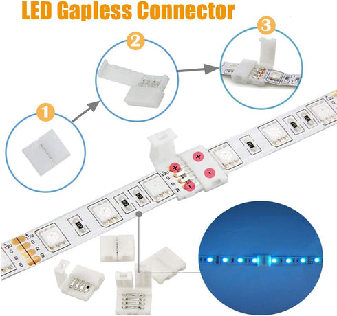 LED Light Strip Connectors Kit Includes 32.8Ft 4 Pin Extension Cable,Corner Connector,T Shape Connector,Strip to Strip Jumper,Strip to Wire Quick Connector,Mounting Clips for 5050 RGB LED Strip Light