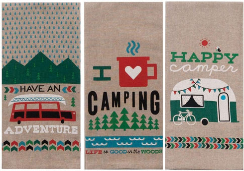 Kay Dee Designs Camping Adventures Chambray Tea Towel Set of 3: Bundle Designs Include: Have an Adventure - I Heart Camping - Happy Camper