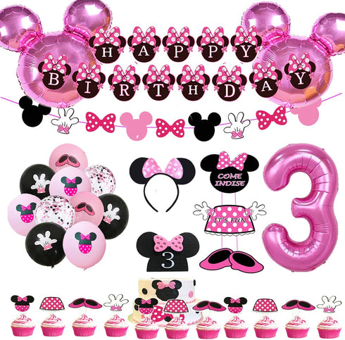 Minnie 3rd Birthday Party Supplies Minnie 3 Year Old Girls Birthday Party Decorations Minnie 3rd Birthday Cake Cupcake Toppers Number 3 Foil Balloon Banner Minnie Birthday Decorations
