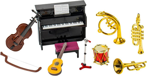 Hiawbon Miniature Musical Instrument Set Violin Guitar Piano Drum Trumpet Mini Figurine Ornament for Mini House Musical Room Furnishings