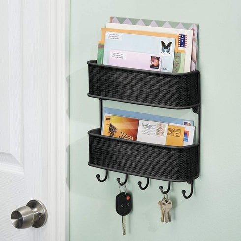 iDesign Twillo Steel Wall Mount 2-Tier Mail and Key Rack - 10.5" x 2.5" x 10.5", Matte Black