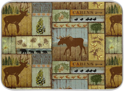 Moose Deer Cabins Dish Drying Mat 18x24 inch Microfiber Wildlife Bear Dish Drainer Mat with Hanging Loop Reversible Animal Forest Dish Draining Mat Retro Cabin Drying Pad for Kitchen Counter Sink