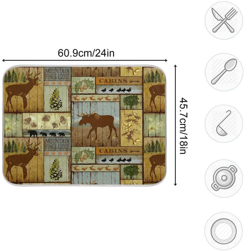 Moose Deer Cabins Dish Drying Mat 18x24 inch Microfiber Wildlife Bear Dish Drainer Mat with Hanging Loop Reversible Animal Forest Dish Draining Mat Retro Cabin Drying Pad for Kitchen Counter Sink