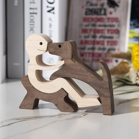 Handmade Wood Decor Sculptures, Sitting Man and Dog Statue, Carved Creative Home Office Gift Decoration Natural ECO Friendly