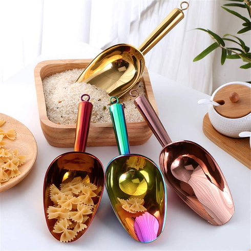 Mingcheng Stainless Steel Ice Scoop and Ice Tongs Small, Round Bottom Bar Ice Utility Scoop, 6 Inches Serving Tongs with Teeth for Large Cubes, Freezer, Ice Bucket Copper, Set of 3 (Gold)