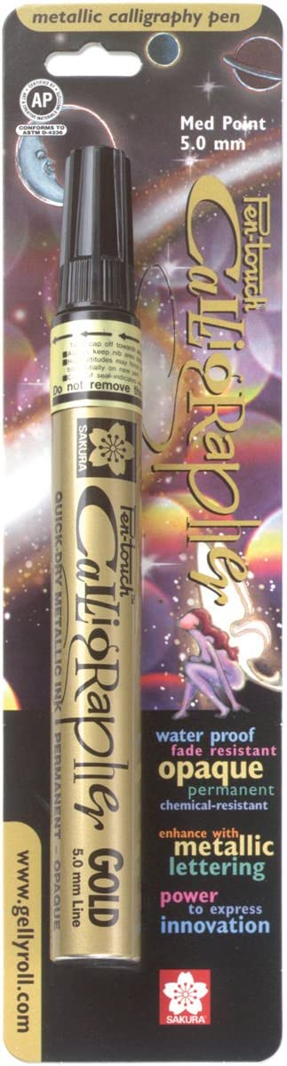 SAKURA 410502 Pen-Touch Calligraphy Medium Point Marker, 5mm, Gold Metallic