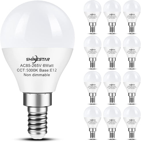 SHINESTAR 12-Pack E12 LED Ceiling Fan Light Bulbs 5000K Daylight, Small Candelabra Base 6w (60w Equivalent), Globe Shape A15 Bulbs, High CRI 85+ for Natural and Radiant Colors, Non-Dimmable