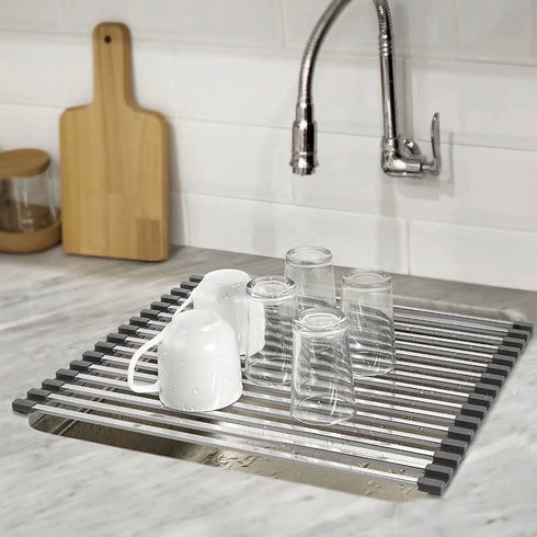 AOUAO Roll Up Dish Drying Rack,Multipurpose Square Stainless Steel Over The Sink Drainer Rack,Kitchen Portable Dish Rack ( Gray, 17.5" x 15")