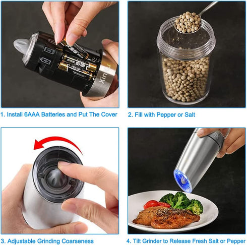 XinXu Gravity Electric Salt Shaker - Automatic Pepper Grinder - Pepper or Salt Mill, Battery-Operated with Adjustable Coarseness, Premium Stainless Steel with LED Blue Light, One Hand Operated