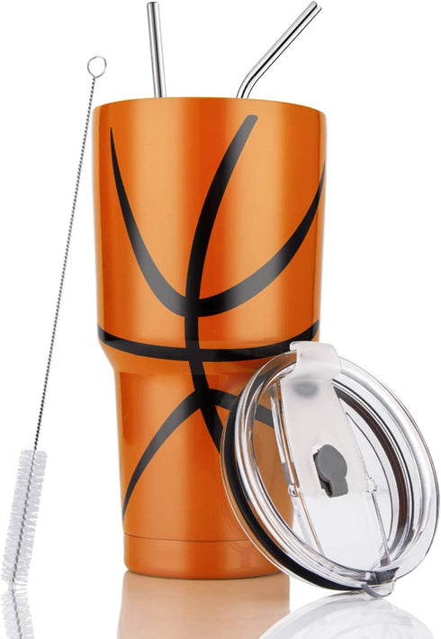 Joyclub 30oz Basketball Tumbler Double Wall Stainless Steel Vacuum Insulated Tumbler Cup Travel Mug with Lid, Straw and Cleaning Brush for Coach ( Basketball )