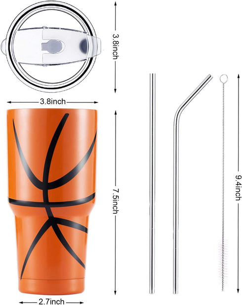 Joyclub 30oz Basketball Tumbler Double Wall Stainless Steel Vacuum Insulated Tumbler Cup Travel Mug with Lid, Straw and Cleaning Brush for Coach ( Basketball )
