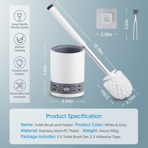 Toilet Brush and Holder Set 2 Pack, Domi-patrol Toilet Bowl Brush and Holder White, Hard Bristles Toilet Cleaning Brushes for Bathroom with Holder, Anti Rust Handle Toilet Scrubber Wall Mounted