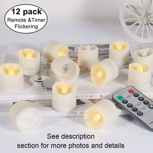 Flameless Candles Tea Lights with Remote Votive Candle LED Tea Light with Timer Realistic White Flickering Tealights Fake Candle - Battery Operated 200 Hours Holiday Decoration 1.3" Set of 12 Candles